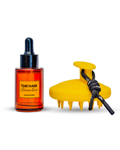 DUO PACK: Hair Boomer + Scalp Massager incluye suero capilar en frasco ámbar con gotero y masajeador de cuero cabelludo amarillo con mango de cuerda.