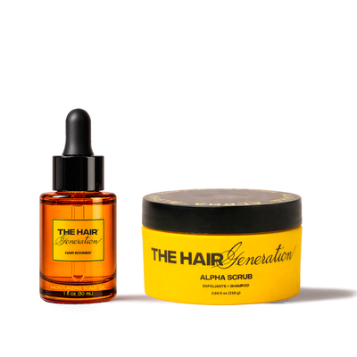 Hair Boomer 30 mL con gotero junto al Alpha Scrub exfoliante + shampoo de 110 g
