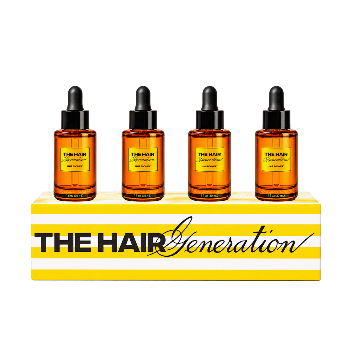 Cuatro frascos de Hair Boomer 30 mL sobre caja de regalo a rayas amarillas THG