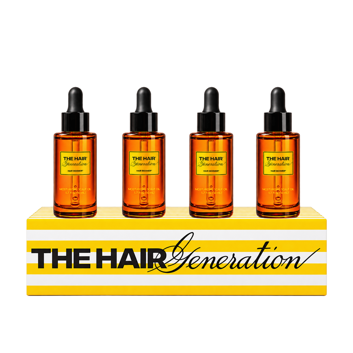 Cuatro frascos de Hair Boomer 50 mL sobre caja de regalo a rayas amarillas THG