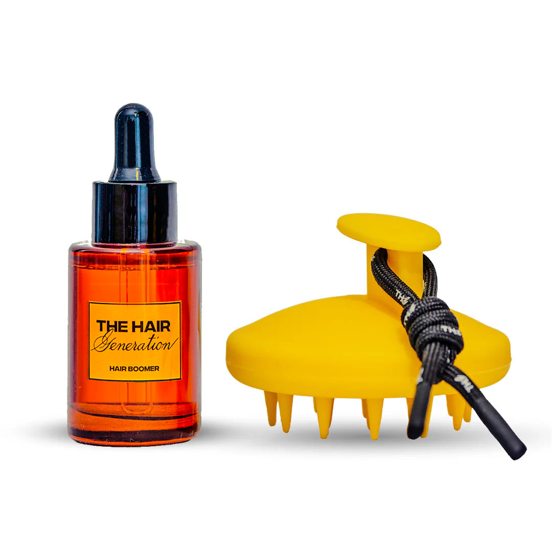 DUO PACK: Hair Boomer + Scalp Massager incluye suero capilar en frasco ámbar con gotero y masajeador de cuero cabelludo amarillo con mango de cuerda.