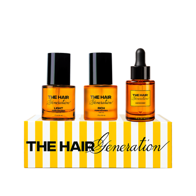 Forever Ends Light, Forever Ends Rich y Hair Boomer de 30 mL sobre caja de regalo a rayas THG