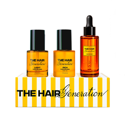 Forever Ends Light, Forever Ends Rich y Hair Boomer de 50 mL sobre caja de regalo a rayas THG
